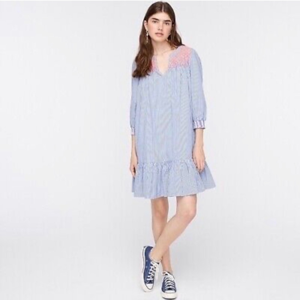 NWT J. Crew cotton lined embroidered popover dress with ruffled hem. XS